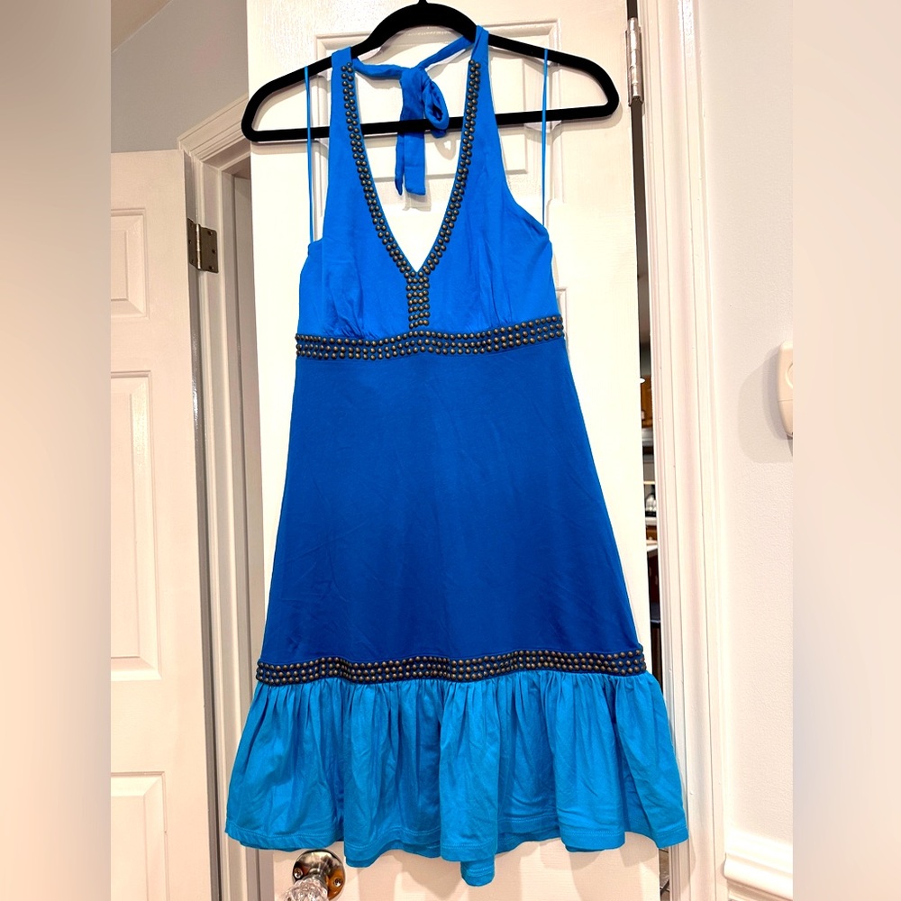 INC halter mini dress in turquoise blue with gold detail.